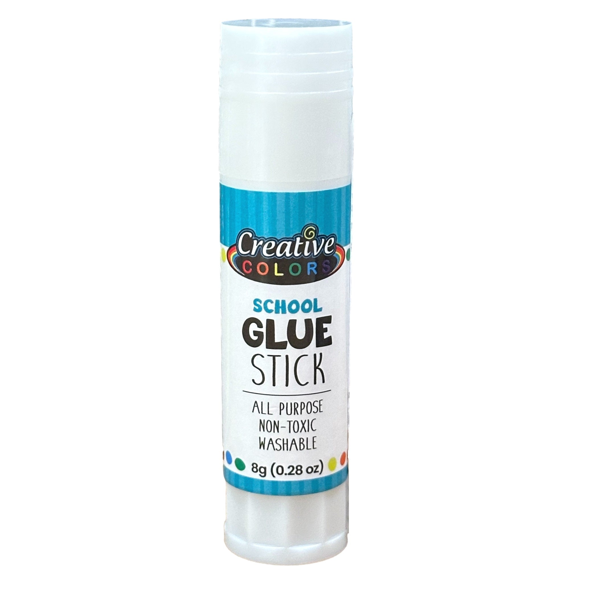 White glue stick with teal and rainbow-colored accents.